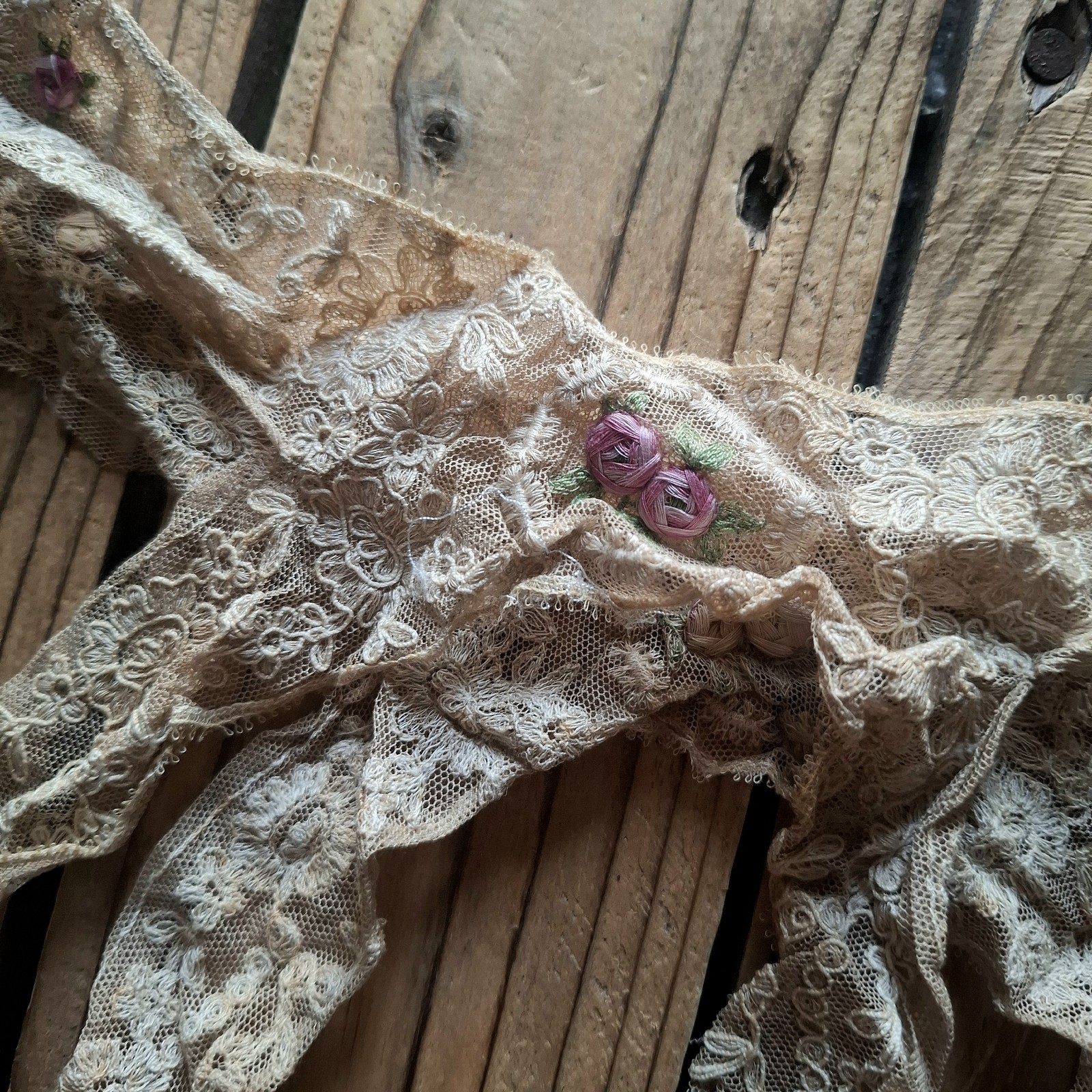 Antique French Wedding Garter Lace Ribbon Embroidered Roses Victorian Edwardian