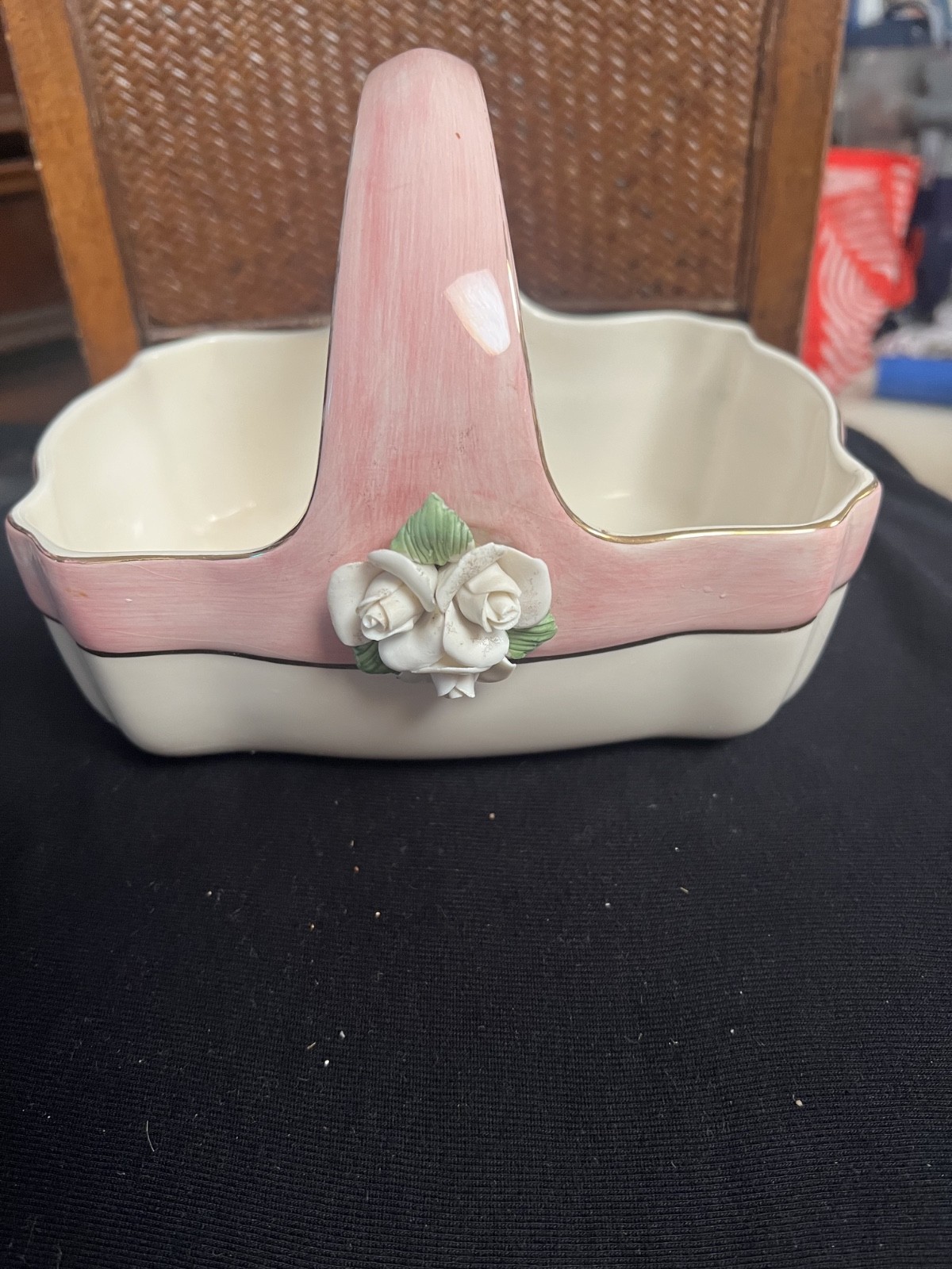 Teleflora Ceramic Basket Pink and White/Gold Trim with Pink Porcelain Roses