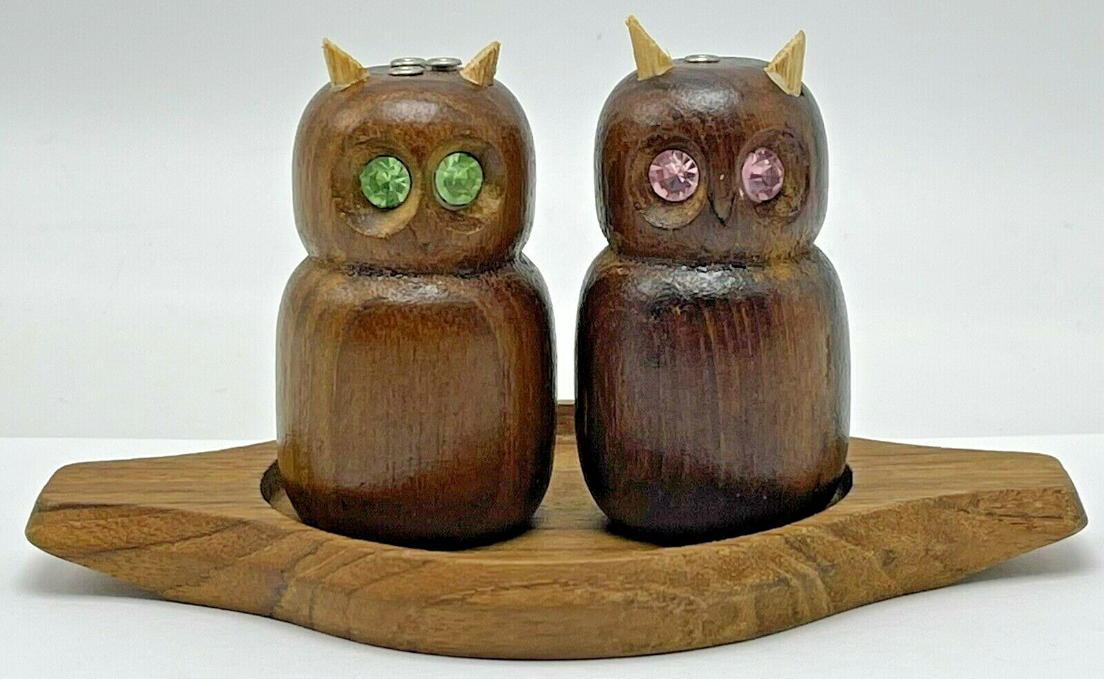 Vintage Mid Century Modern Danish Owl Teak Salt Pepper Shaker Set Gem Eyes