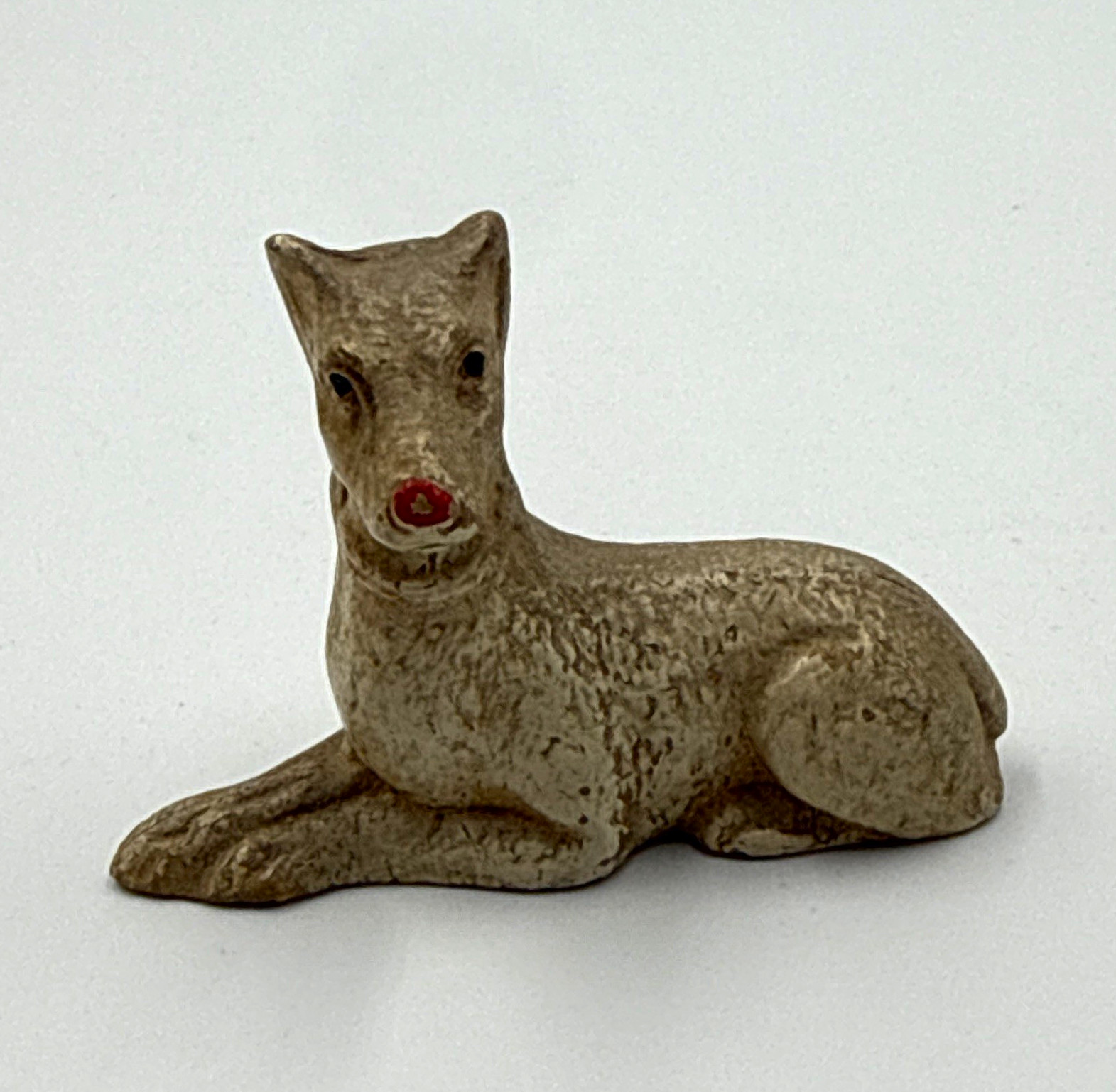 Vintage Chalkware Reclining Dog Figurine Hand Painted Red Nose Red Collar