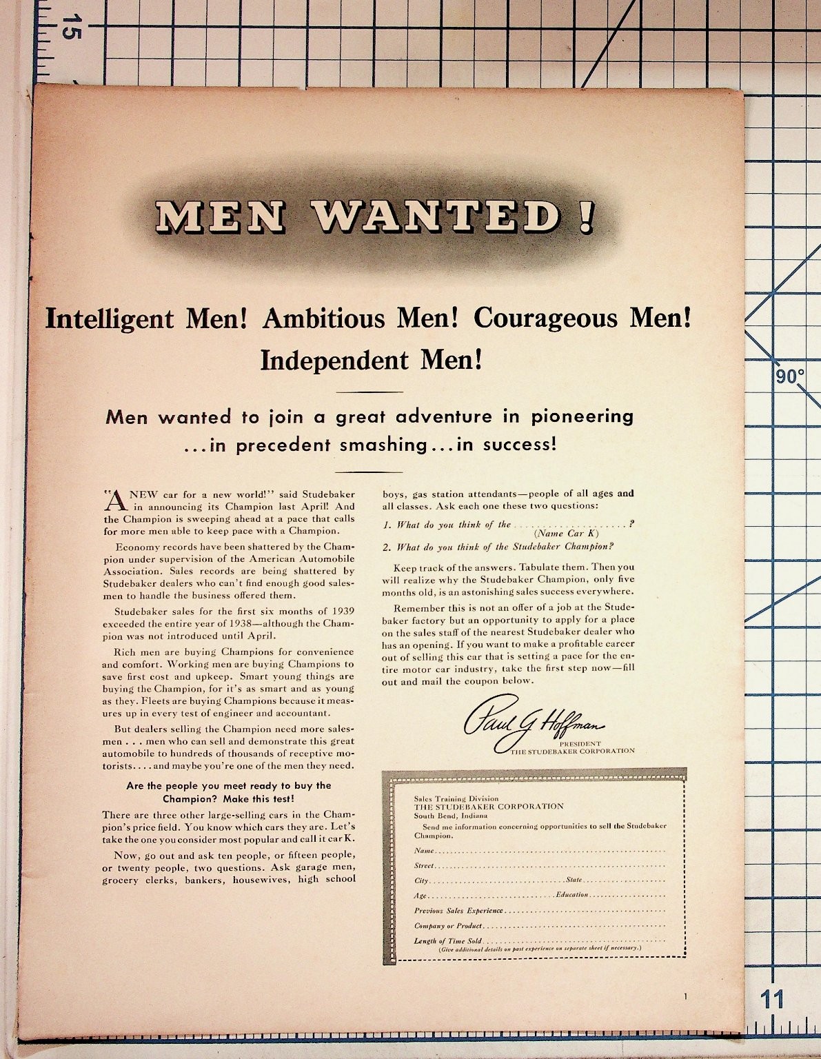 1939 Studebaker Champion Car Salesman Recruitment Magazine Ad Paul G. Hoffman