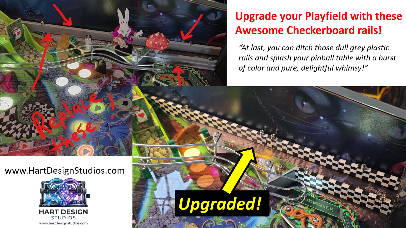 Checkerboard Rail Upgrade for your Alice Goes to Wonderland Pinball