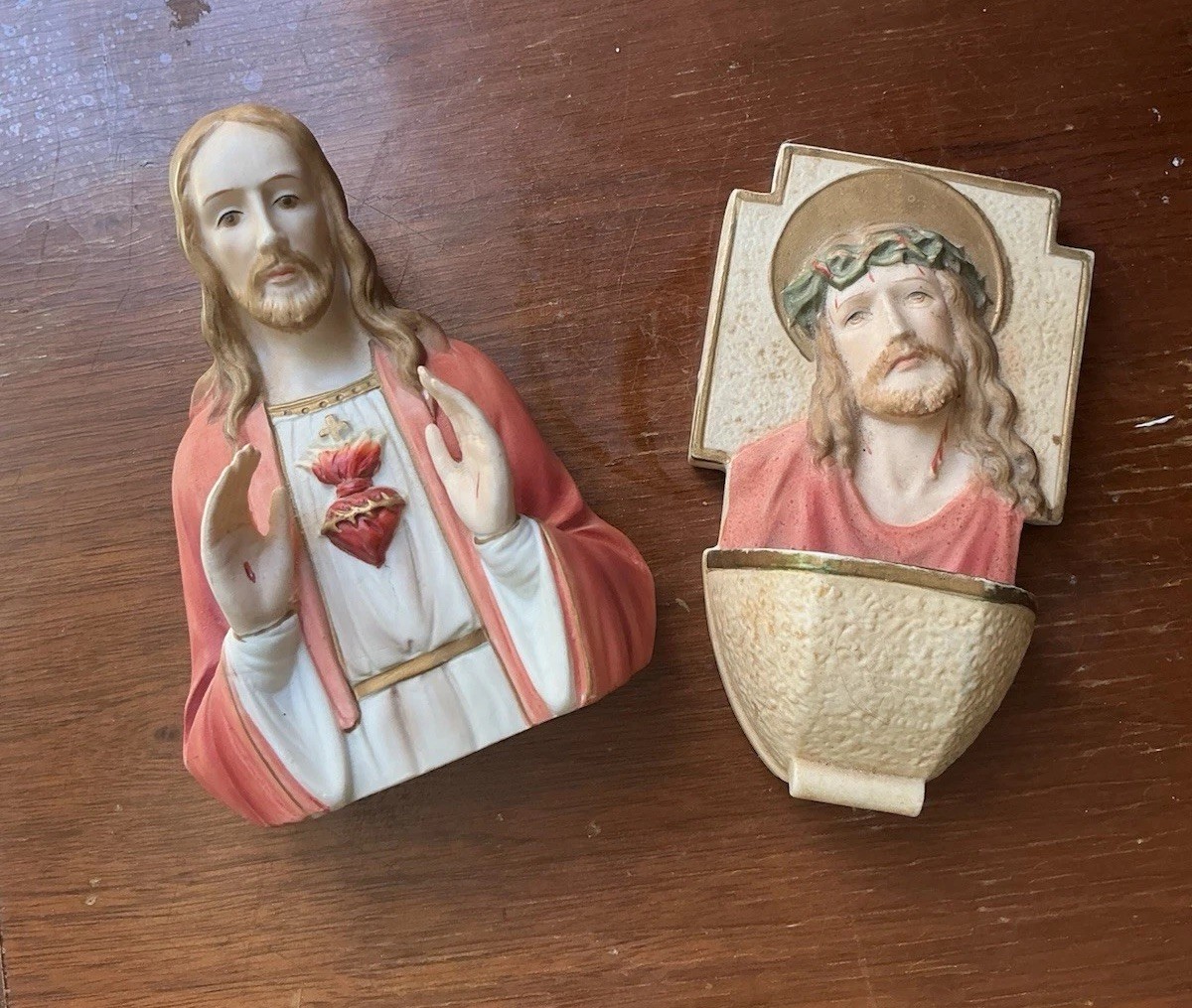 Vintage 1961 1962 Sacred Heart Jesus Bust & Holy Water Font Set Bisque Japan AR