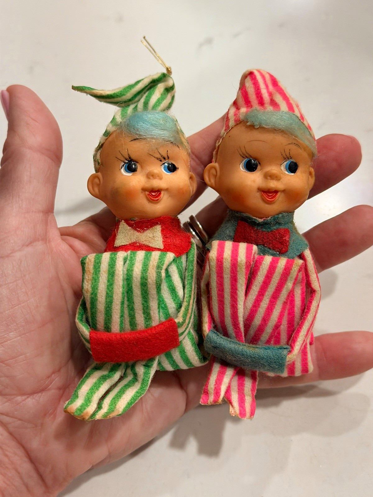 HTF Vintage Christmas Knee Huggers Ornaments Blue Hair Striped Made in Japan