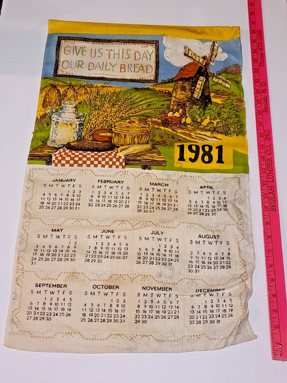 1981 Tea Towel Cloth Calendar - Dutch Windmill