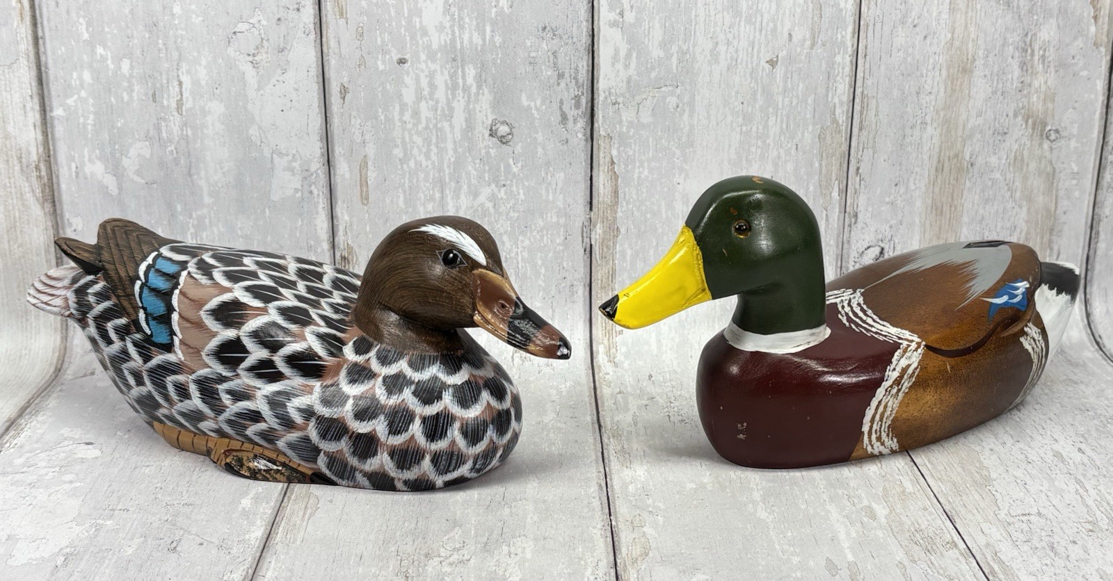Lot of 2 Vintage Hand Painted Wood Duck Decoys Mallard Folk Art 10 Inch