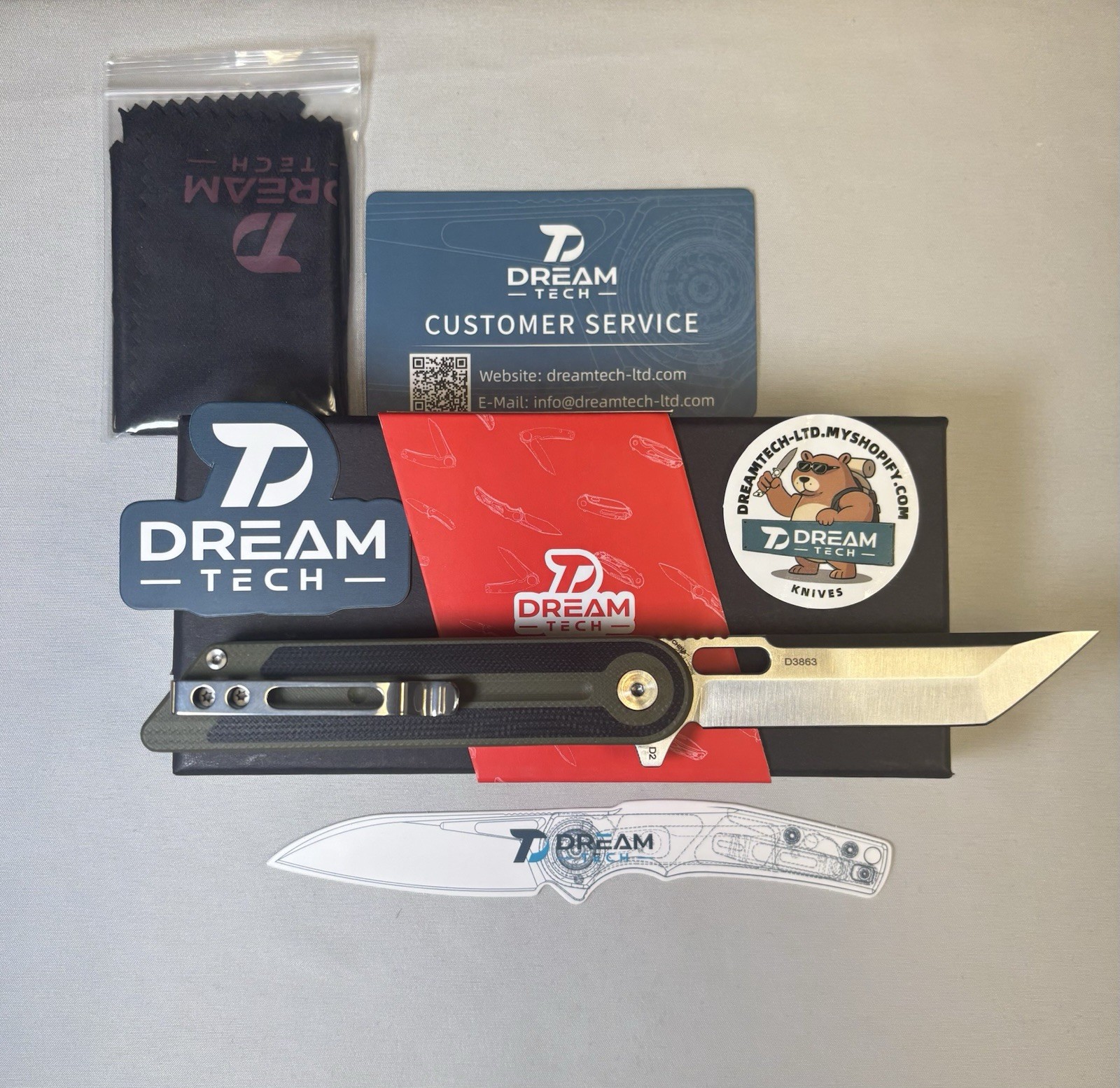 Dream Tech D3863 Folding Knife D2 Tanto Blade Green/Black G10 New in Box