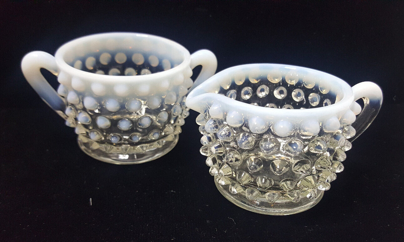 Vintage Fenton Hobnail Opalescent Moonstone Glass Creamer & Sugar Set~2\