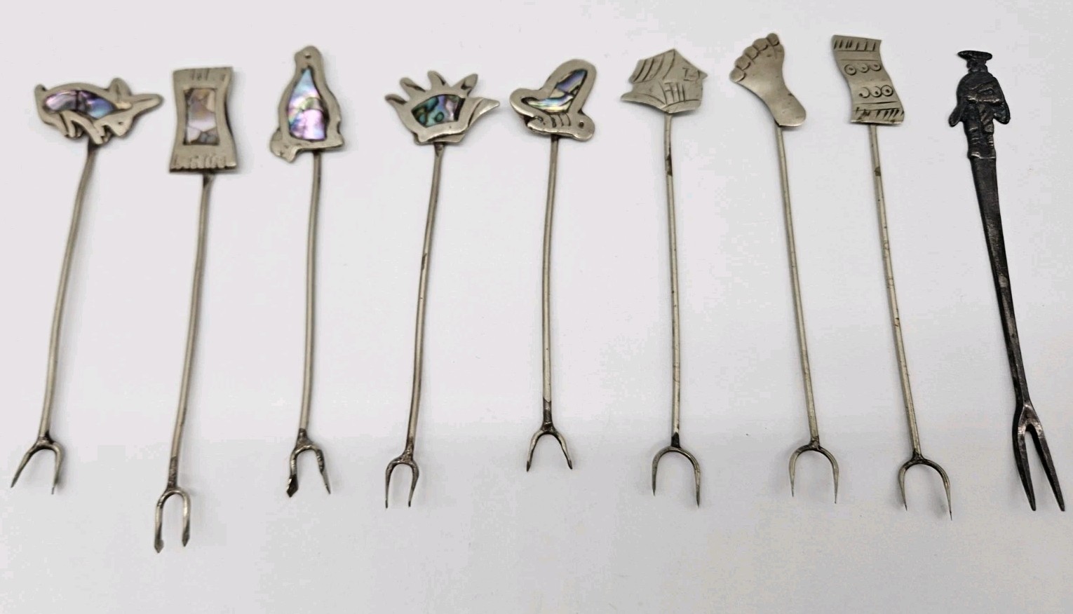 Vintage Alpaca Silver Abalone Cocktail Forks Southwestern Aztec Brutalist 9 pcs