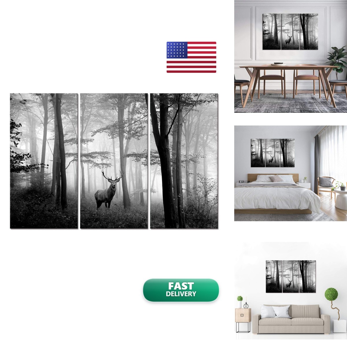 WELMECO 3 Pieces Black and White Deer Autumn Forest Canvas Prints L-48 XH-32