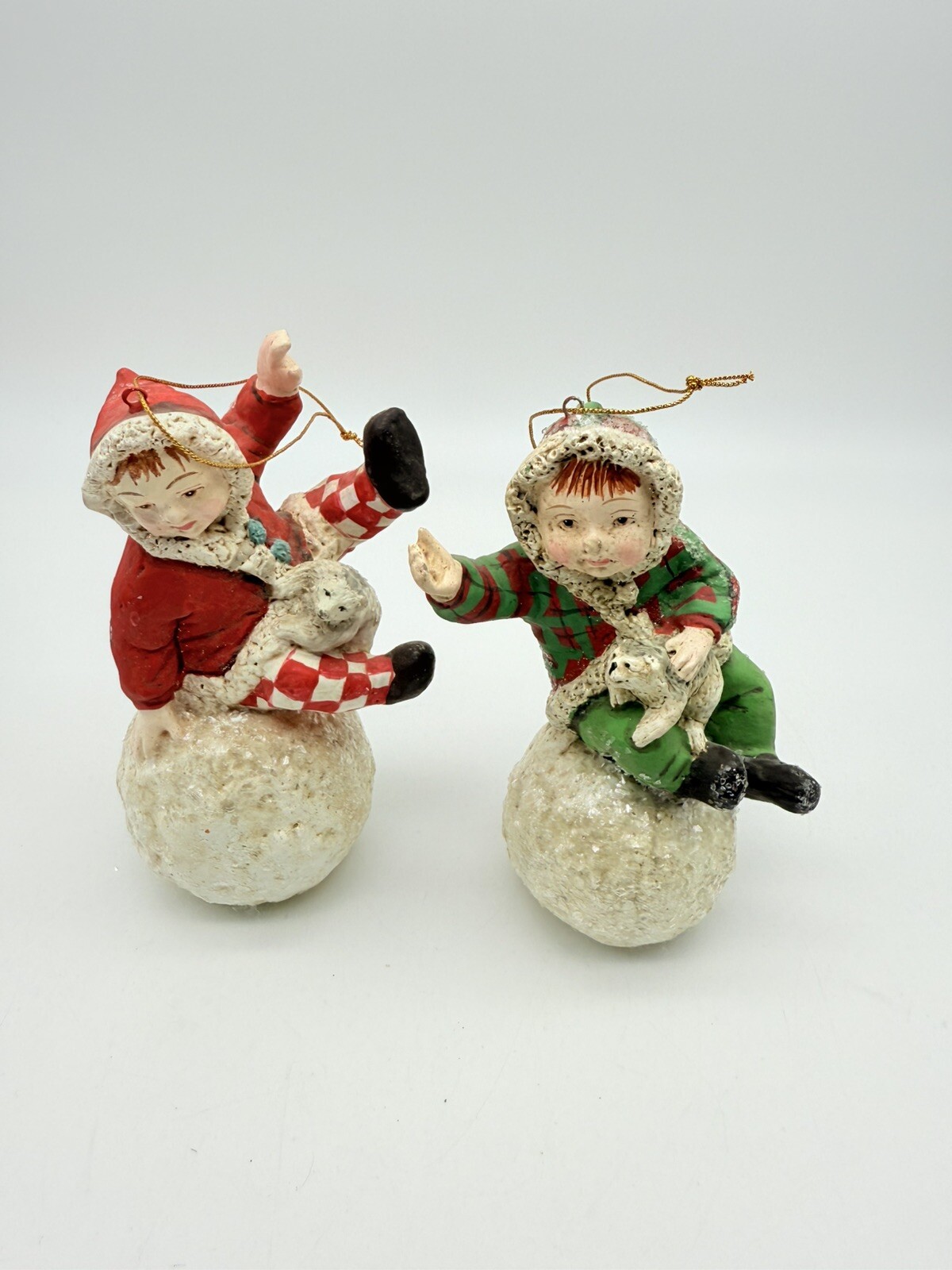 Valerie Parr Hill Vintage Look Set Boy & Girl On Snowball Holding Bear