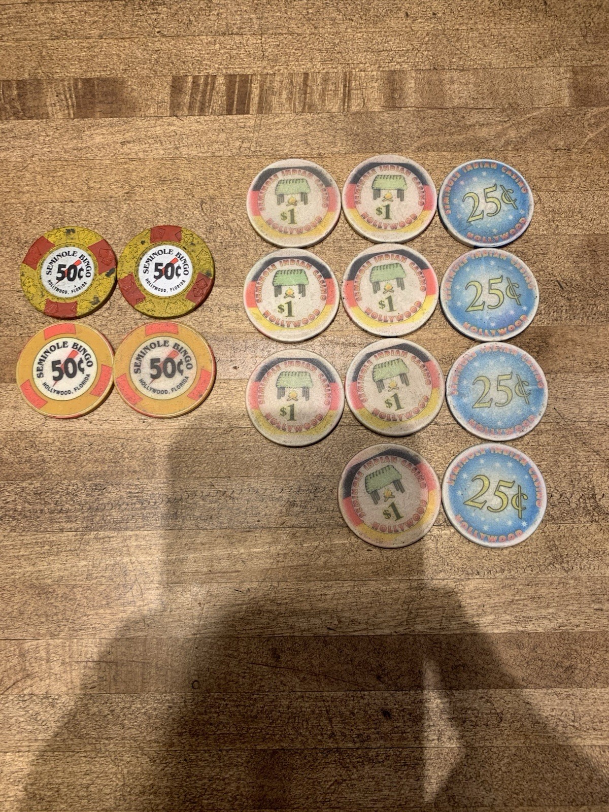 Casino Poker Chips-Seminole Indian Casino-Bingo-$1-$0.50-$0.25-Lot Of 15