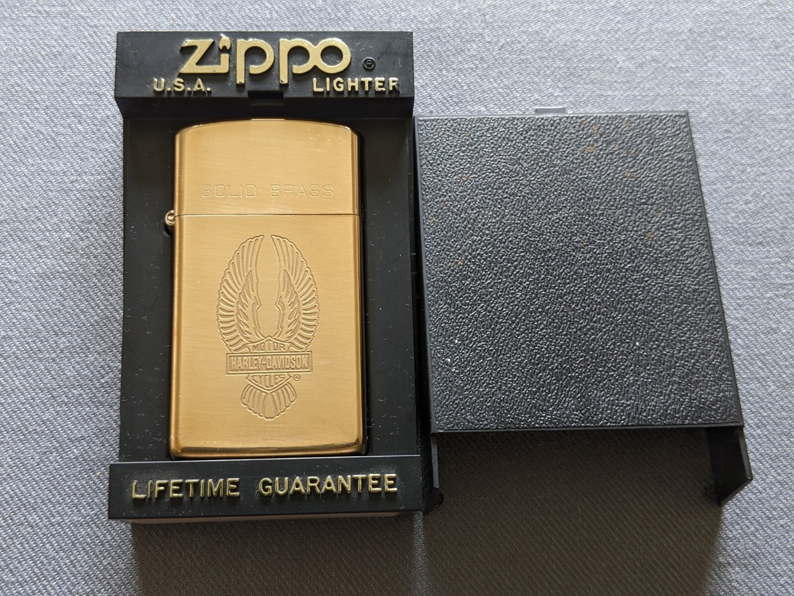VINTAGE 1932-1990 HARLEY DAVIDSON SOLID BRASS SLIM ZIPPO LIGHTER MIB RARE