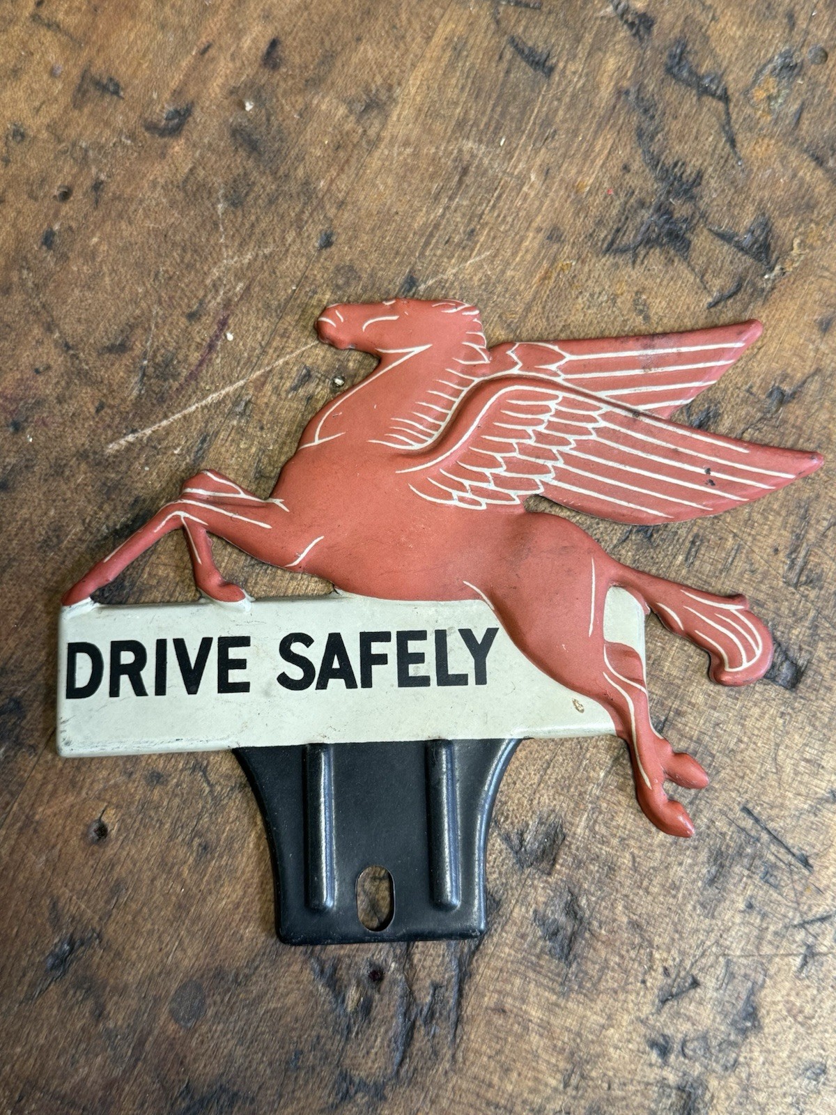 Vintage 1950\'S Drive Safely Mobil Pegasus License Plate Frame Tag Topper
