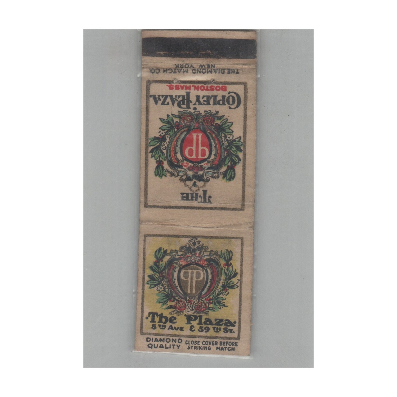1920s-1930s Diamond Quality Matchbook Cover Copley Plaza Hotel Boston MA