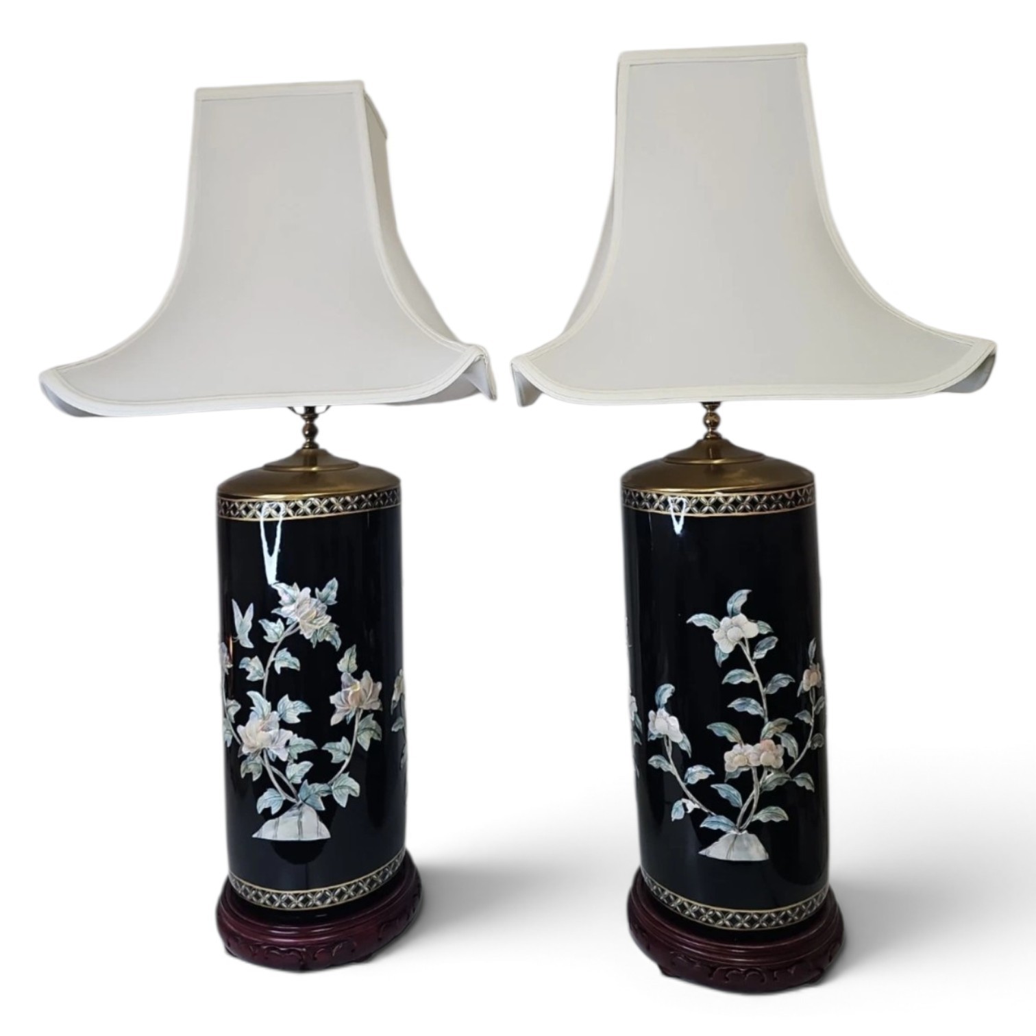 Vintage Japanese Style Mother of Pearl Inlay Black Table Lamps Floral Set of 2.