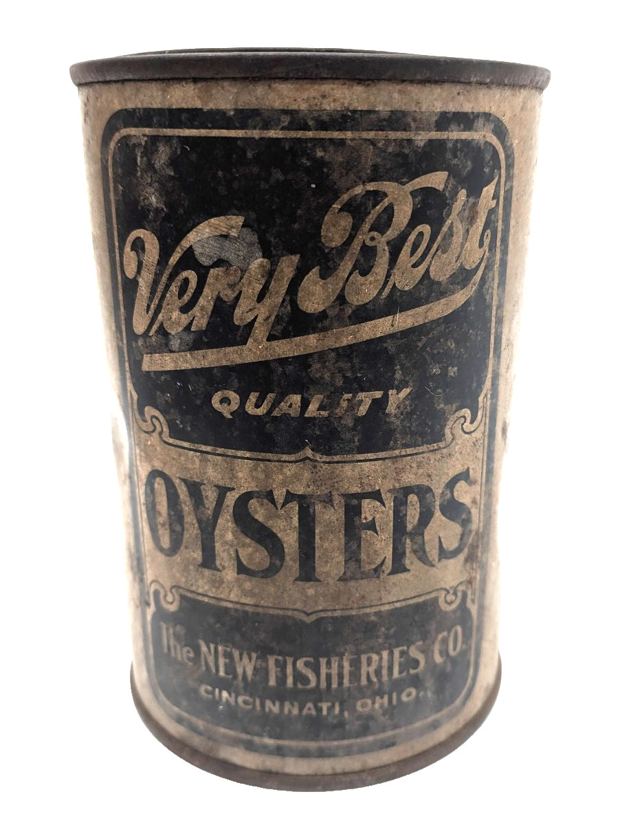 Vintage 1-Pint Oyster Tin The New Fishery Co Cincinnati Ohio Antique Can Old