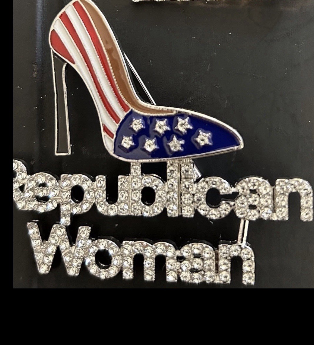 TRUMP PIN REPUBLICAN WOMAN USA RED WHITE BLUE PATRIOTIC GOP MAGA RHINESTONE New