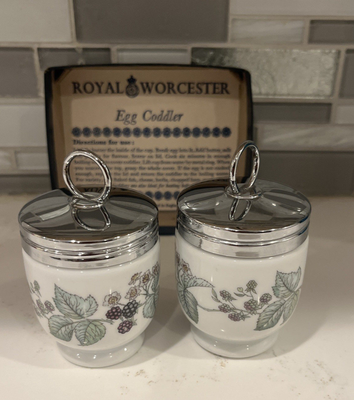 Royal Worcester 2 Egg Coddlers 1 Set Blackberry Lavinia Pattern England w/ Box Royal Worcester 2 Egg Coddlers 1 Set Blackberry Lavinia Pattern England w/ Box
