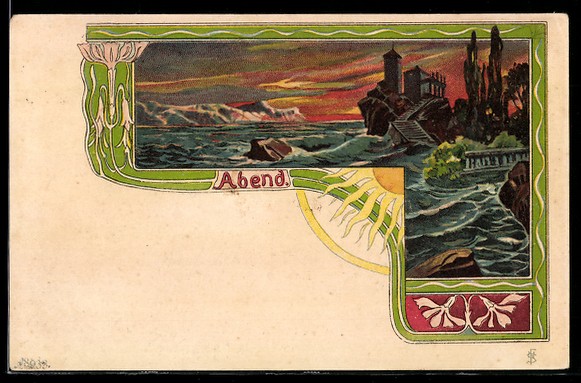 Town Lot on the Coast in the Evening, Art Nouveau, Postcard 1902 