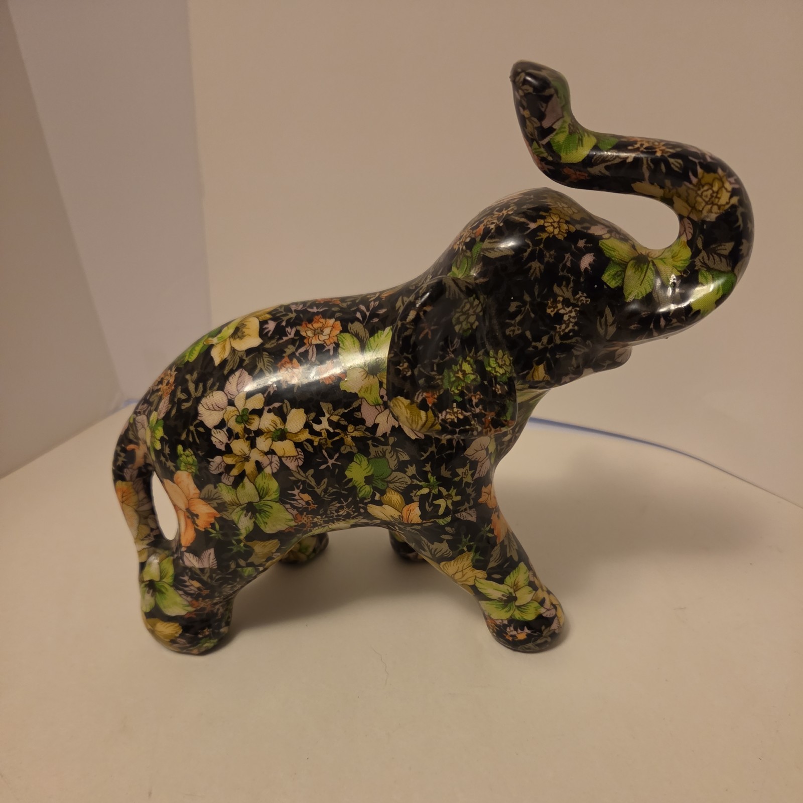 La Vie Decorative Elephant Figurine with Floral Print Decoupage Finish