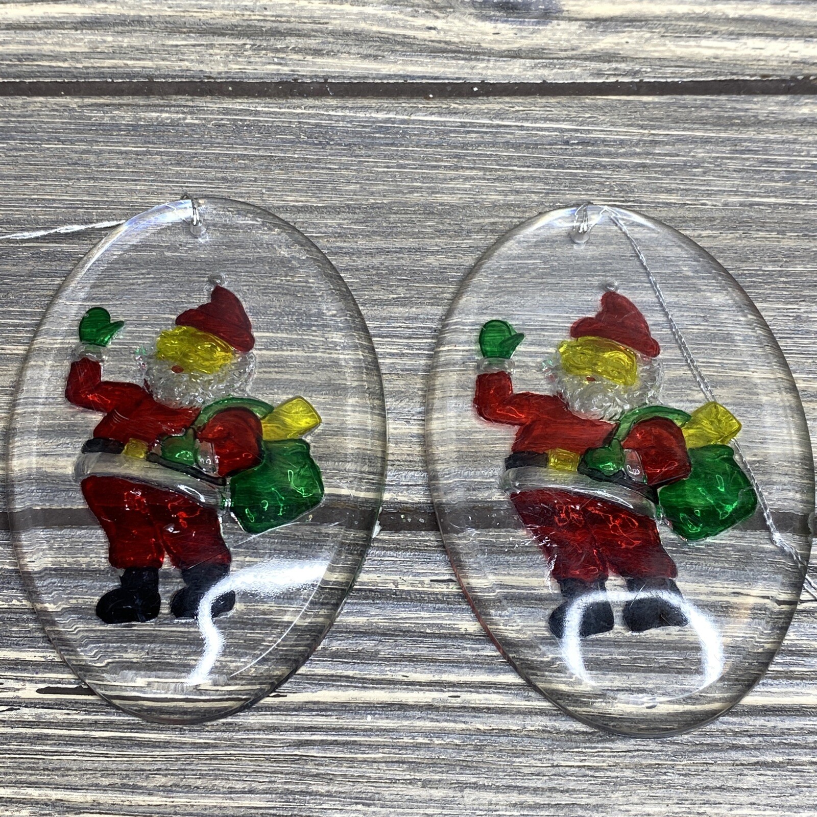 Vtg Hong Kong Christmas Ornaments Plastic Oval Santa Green Toy Bag Lot of 2 