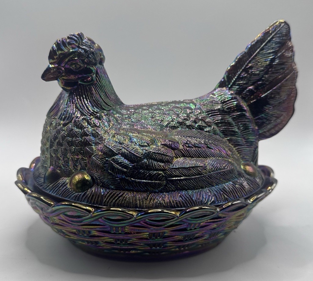 Vintage Moser Hen on Nest XLg RARE Black Amethyst Carnival Glass
