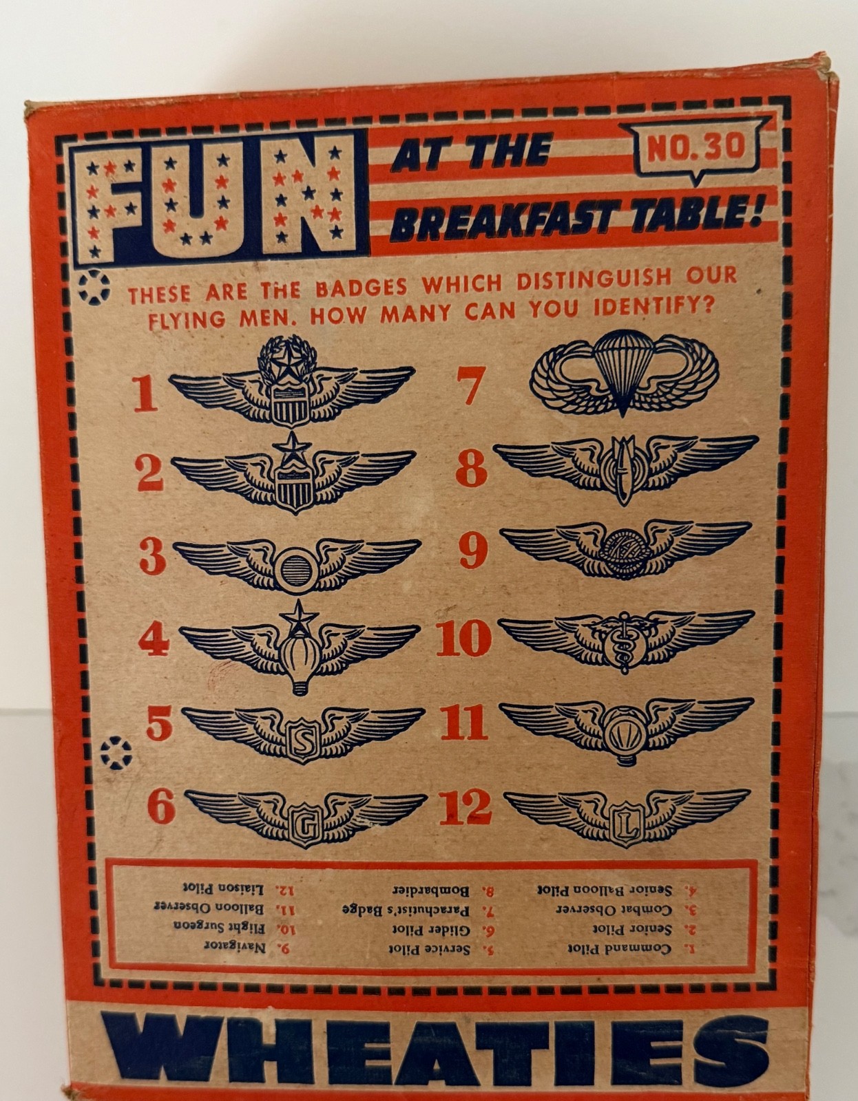 1942 WHEATIES CEREAL BOX WWII Identity Pilot Badges No 30 Uncut Back Panel Rare