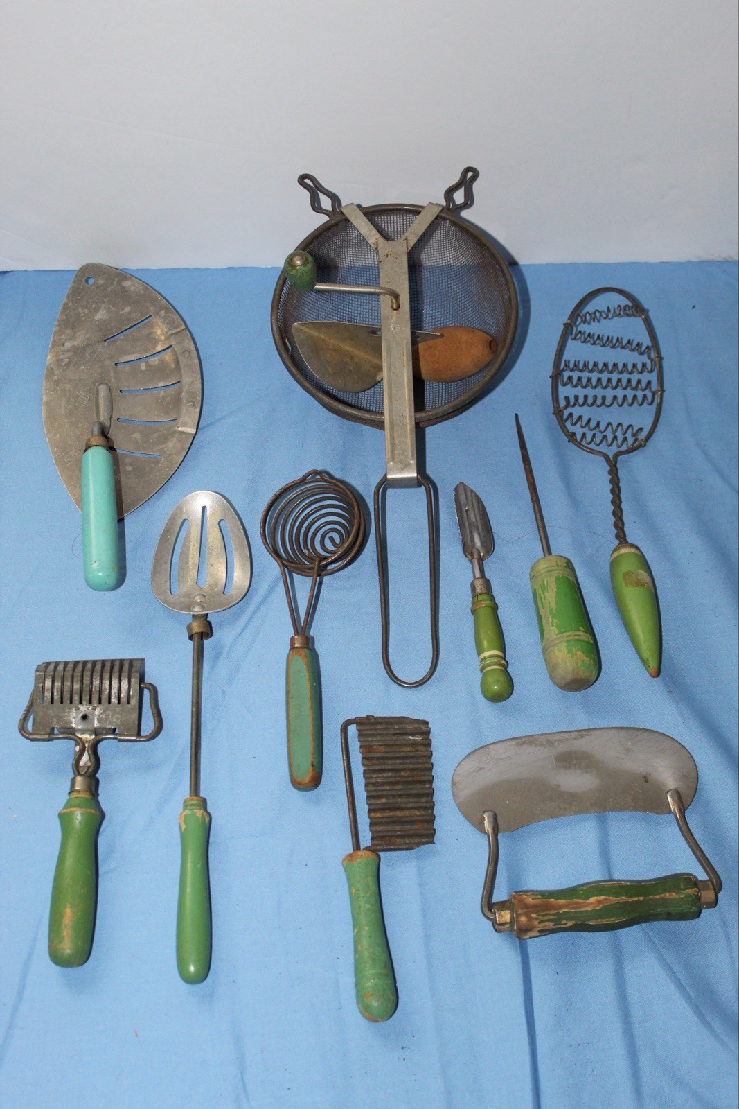 Vintage 1900-1919 10pc Kitchen Tool Lot Green Wood Handles