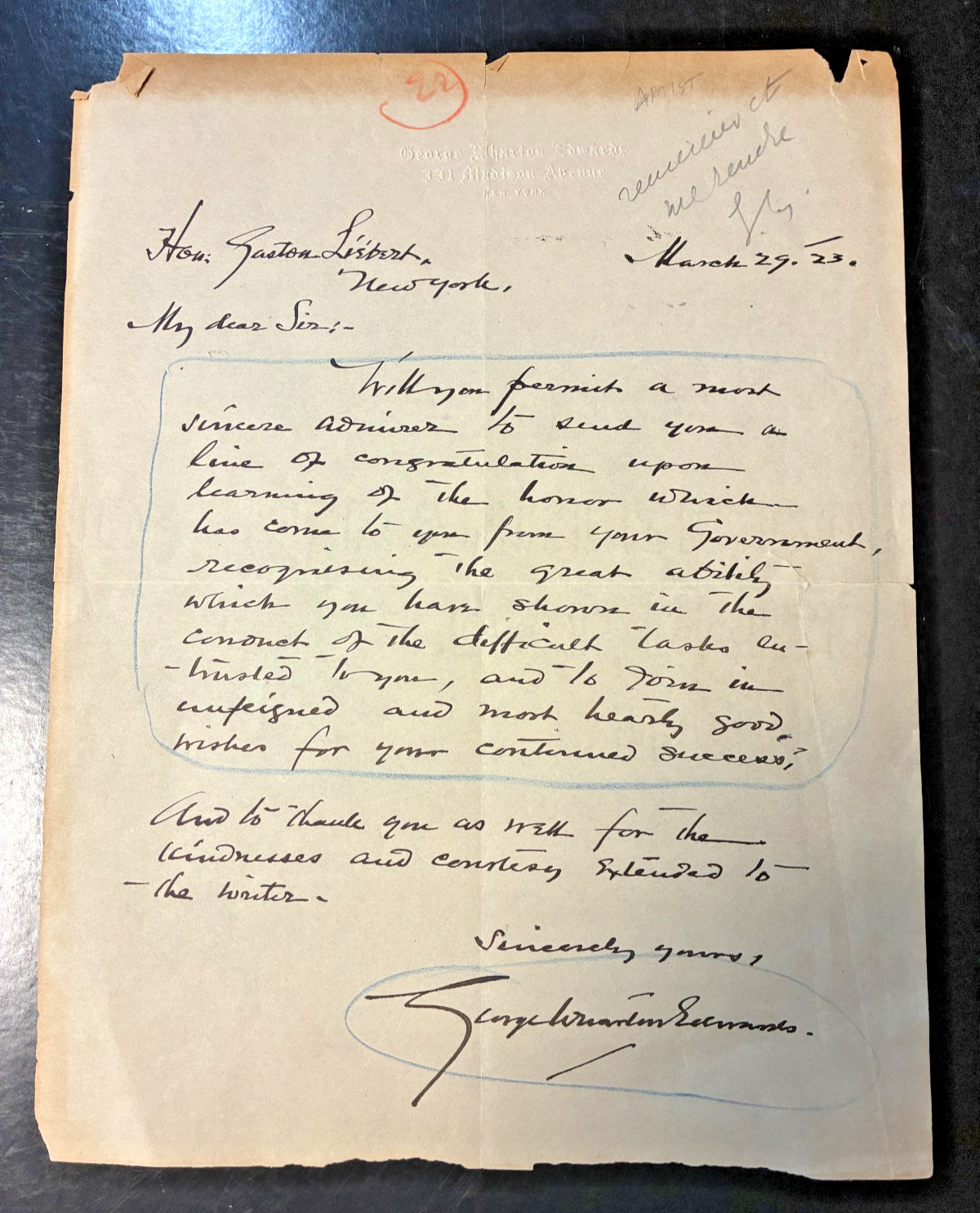 Impressionist Painter George Wharton Edwards 1923 Hand Signed Letter