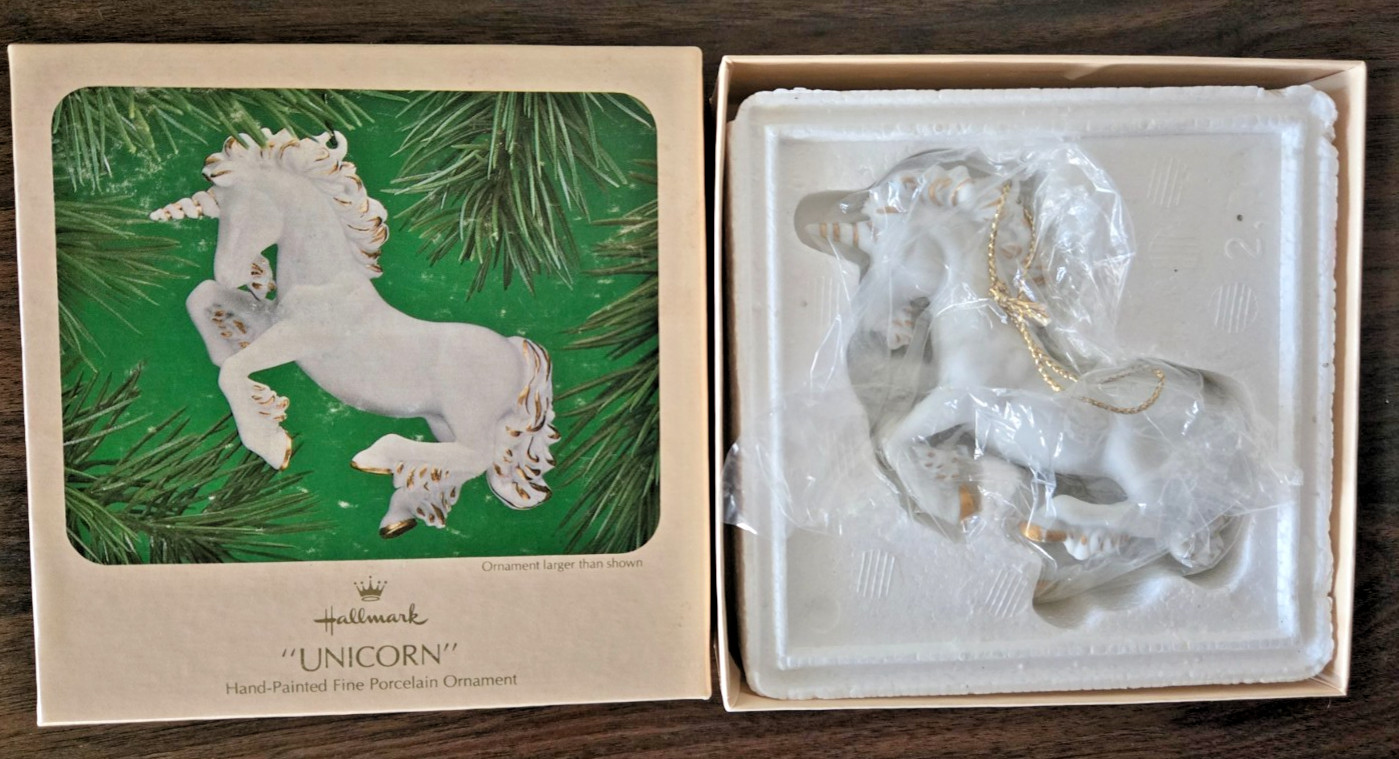 VTG 1983 HALLMARK Hand-Painted Porcelain UNICORN Christmas Ornament ~ NEW IN BOX