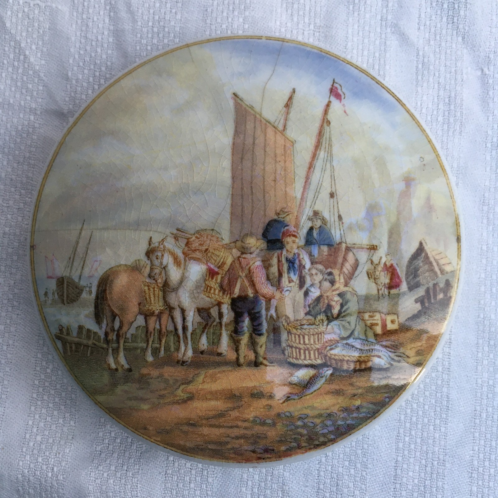 Prattware \'Landing the Catch\' Victorian pot lid pratt ware potlid c1860-1890
