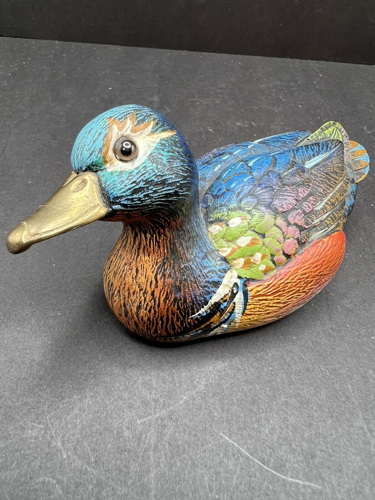 VTG Hand Painted Duck With Brass Beak And Glass Eyes