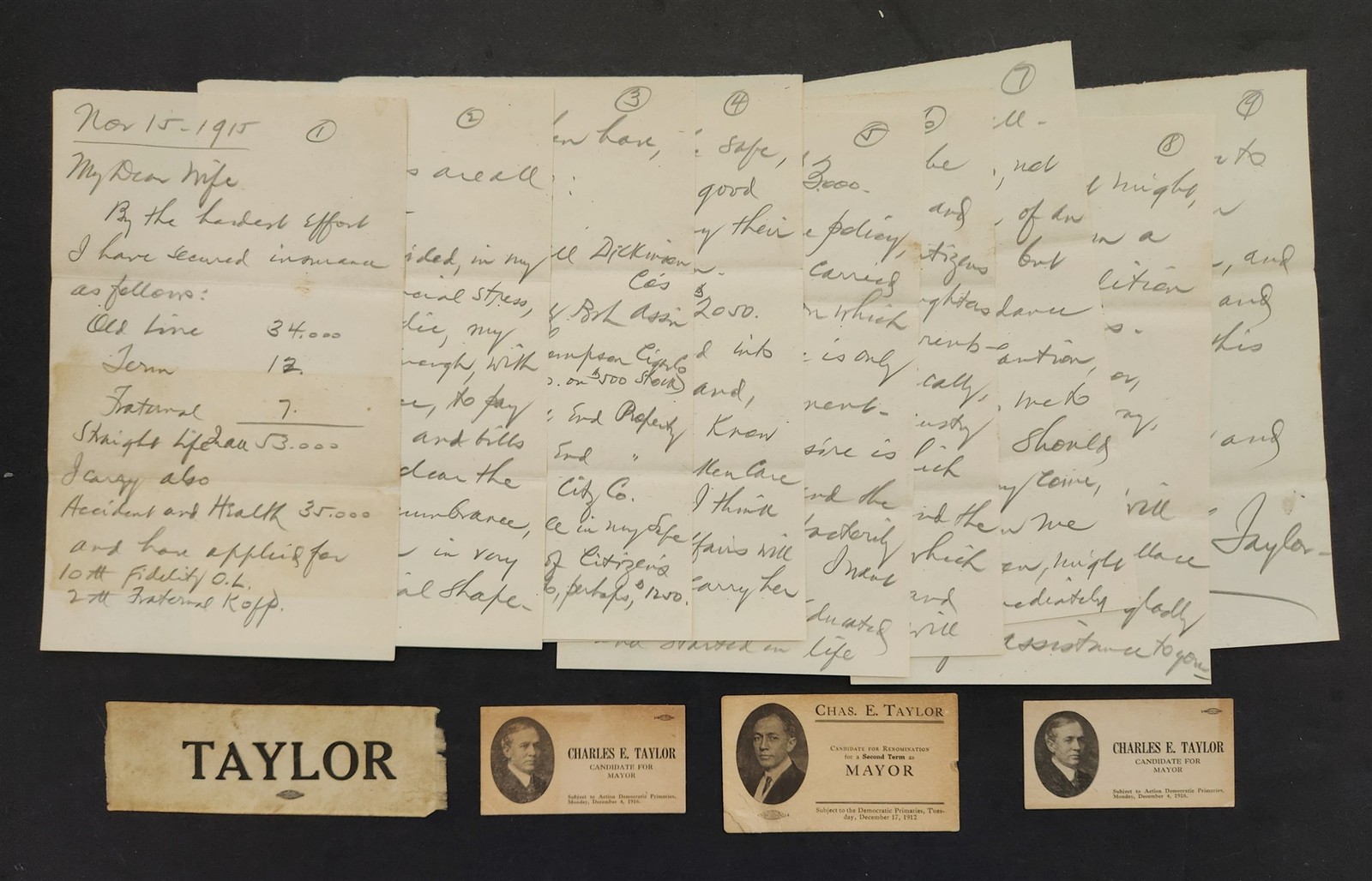 1912-16 antique CHARLES E TAYLOR little rock ar MAYOR letter cards ribbon polit
