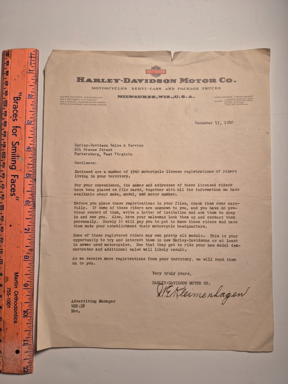 Vintage Harley Davidson Letterhead 1940 Advertising Sales