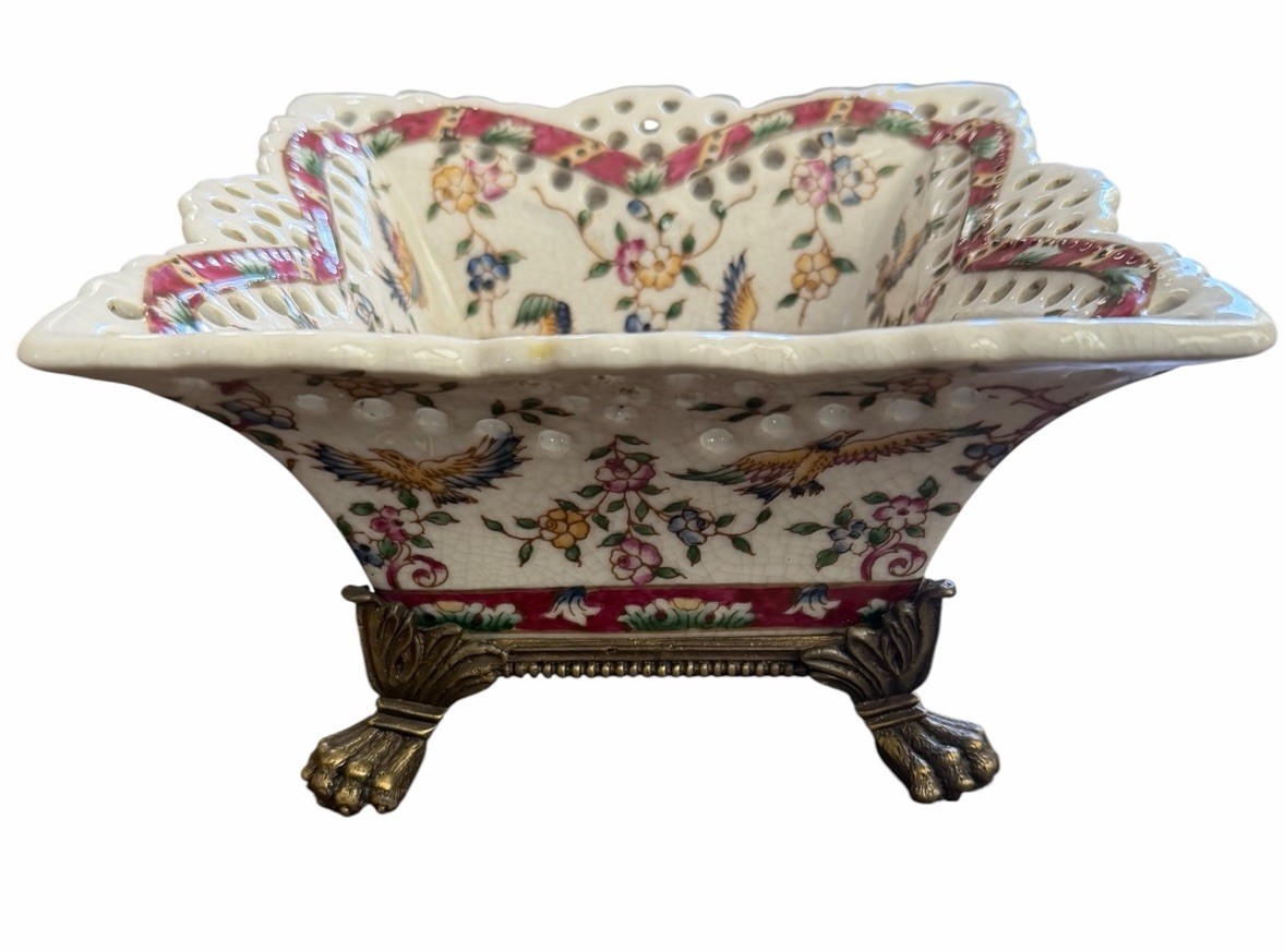 Vintage Painted Wong Lee 1895 Bronze Mounted Crackle Glaze Dish 8x8 Floral Birds