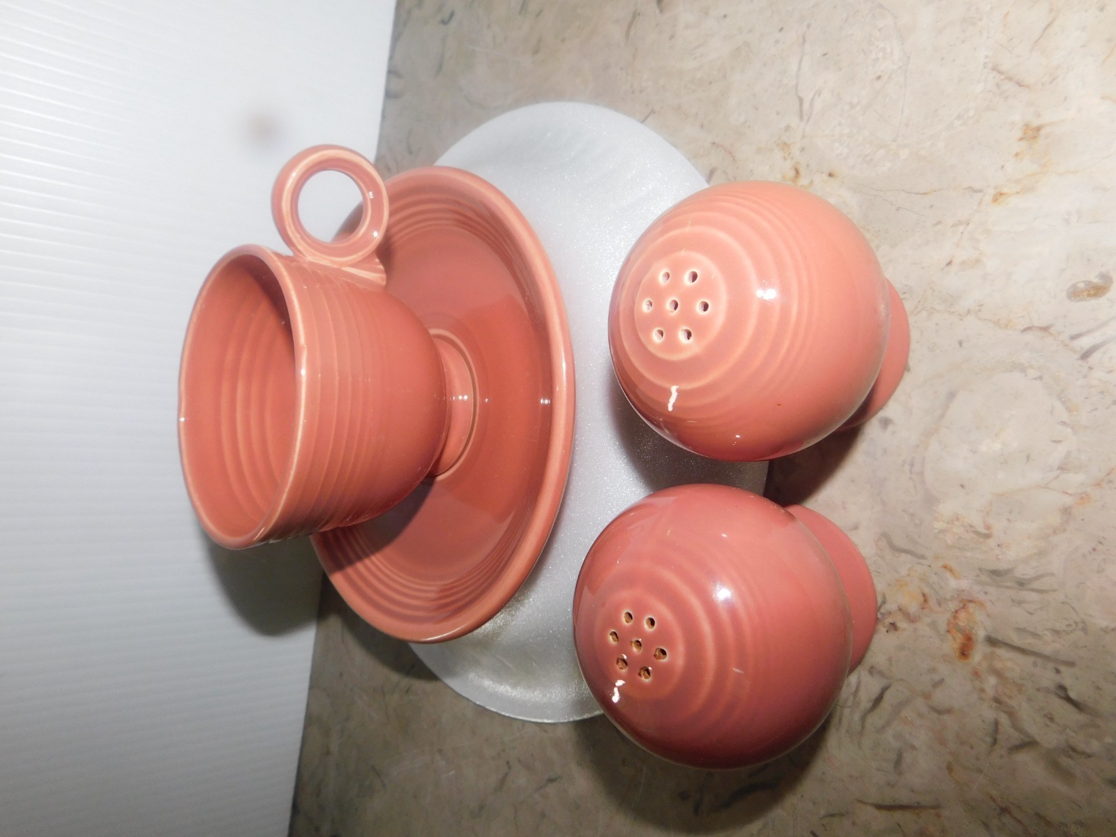 Fiesta Salt & Pepper Shaker Set , Cup & Saucer Persimmon Homer Laughlin Fiesta Salt & Pepper Shaker Set , Cup & Saucer Persimmon Homer Laughlin
