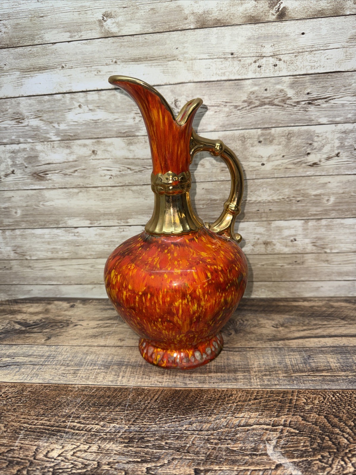 1970 Art Pottery Ewer Pitcher Vase  Volcanic Drip Glaze Handmade Signed MVW
