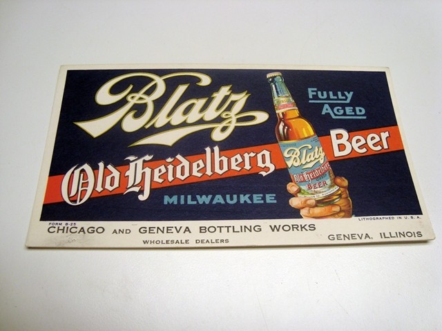 Circa 1930s Blatz Old Heidelberg Beer Blotter, Milwaukee, Geneva Bottling Works Circa 1930s Blatz Old Heidelberg Beer Blotter, Milwaukee, Geneva Bottling Works
