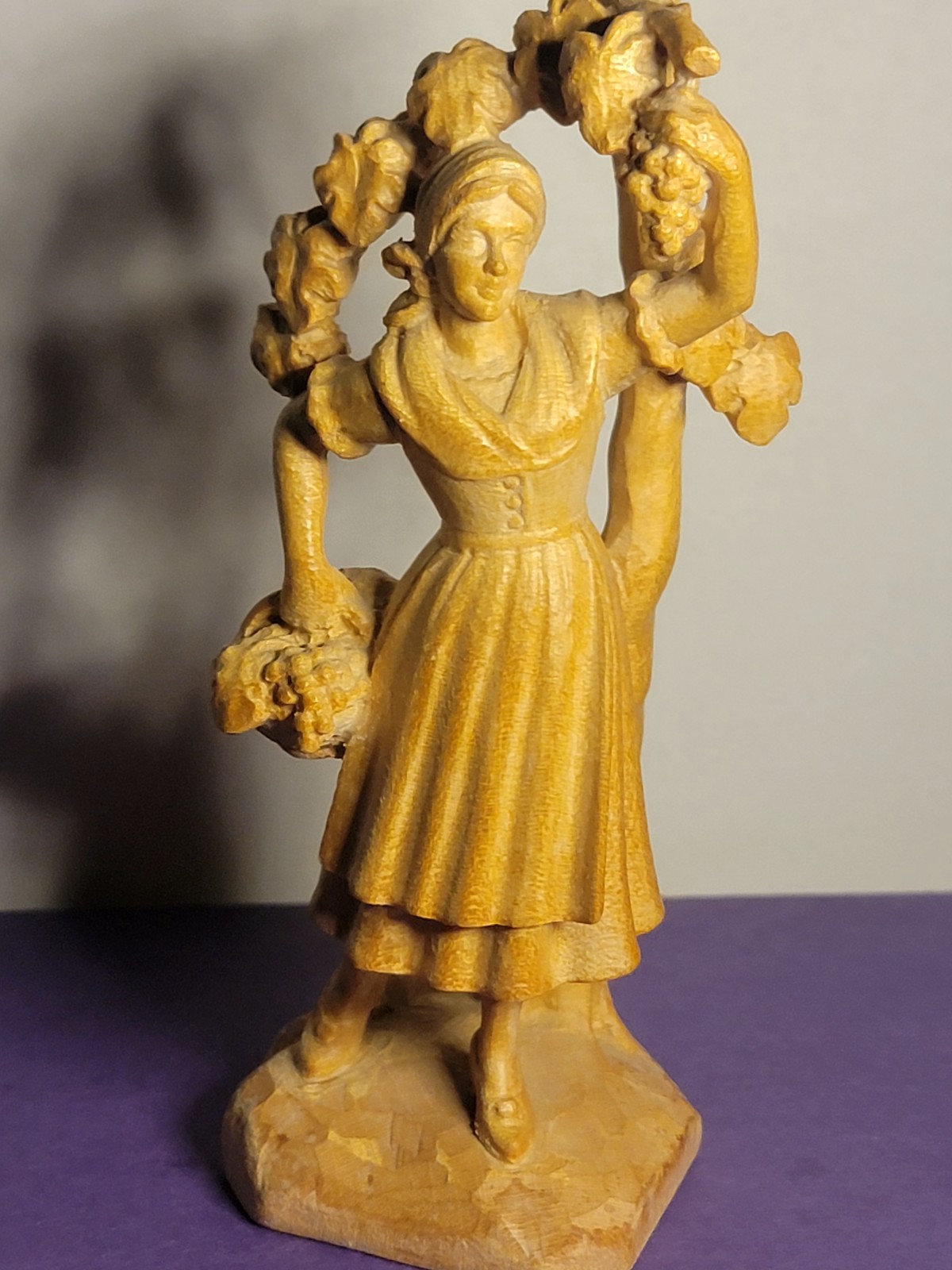 Vintage Hand Carved Wood Figurine Girl Harvest Grapes Peasant Folk Art Vintage Hand Carved Wood Figurine Girl Harvest Grapes Peasant Folk Art