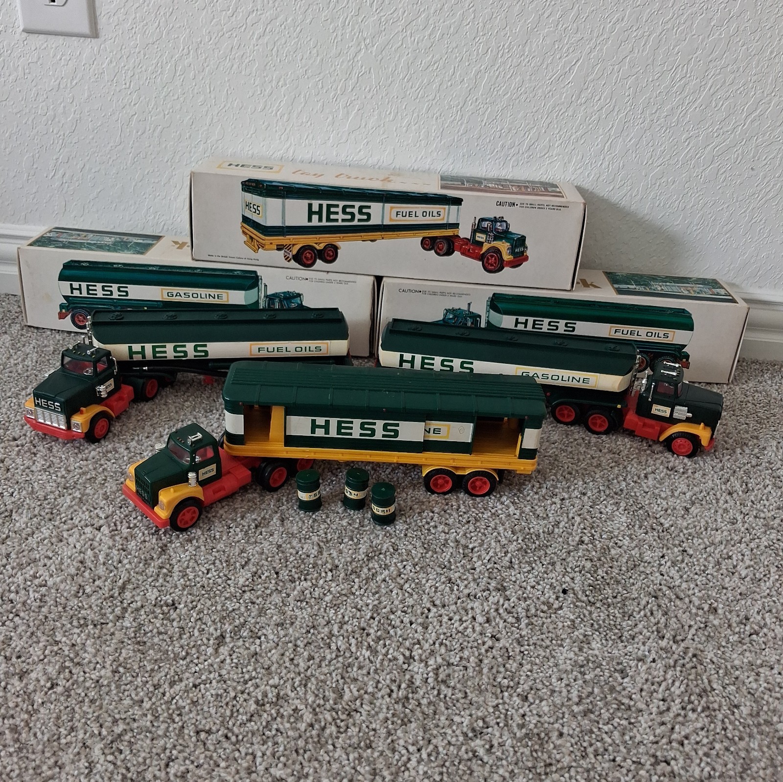 Hess Truck Vintage Lot Containing 2 Fuel Oil Trucks And 1 Cargo Truck 1970s-80s Hess Truck Vintage Lot Containing 2 Fuel Oil Trucks And 1 Cargo Truck 1970s-80s