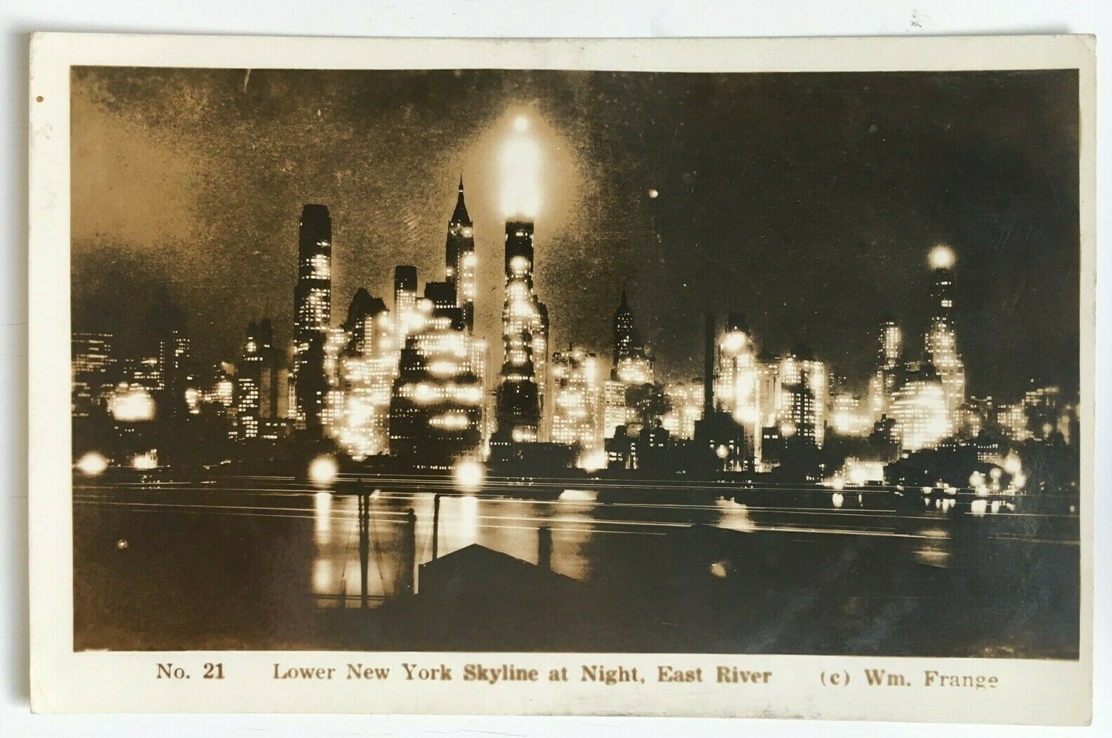1939 NY RPPC Postcard Lower New York Skyline Night East River World's Fair stamp