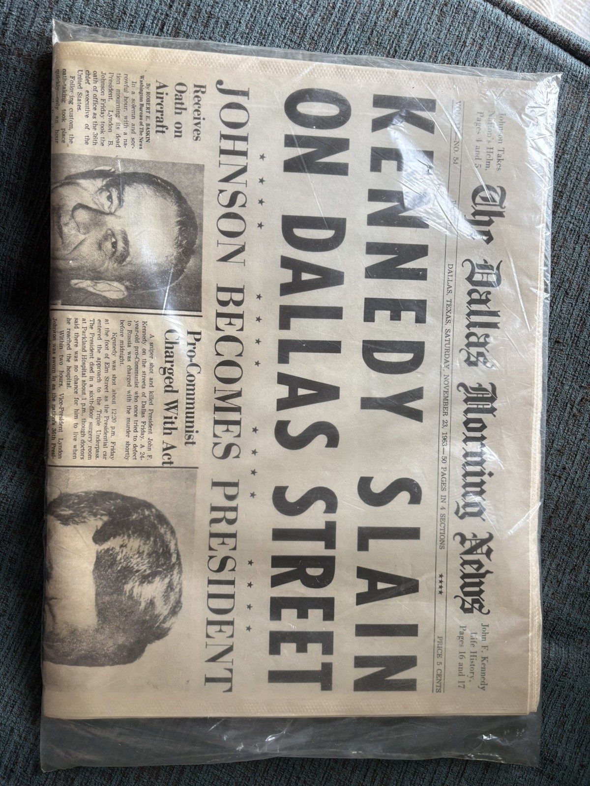 Dallas Morning News Newspaper, Nov 23, 1963 Kennedy Slain on Dallas Street *MINT