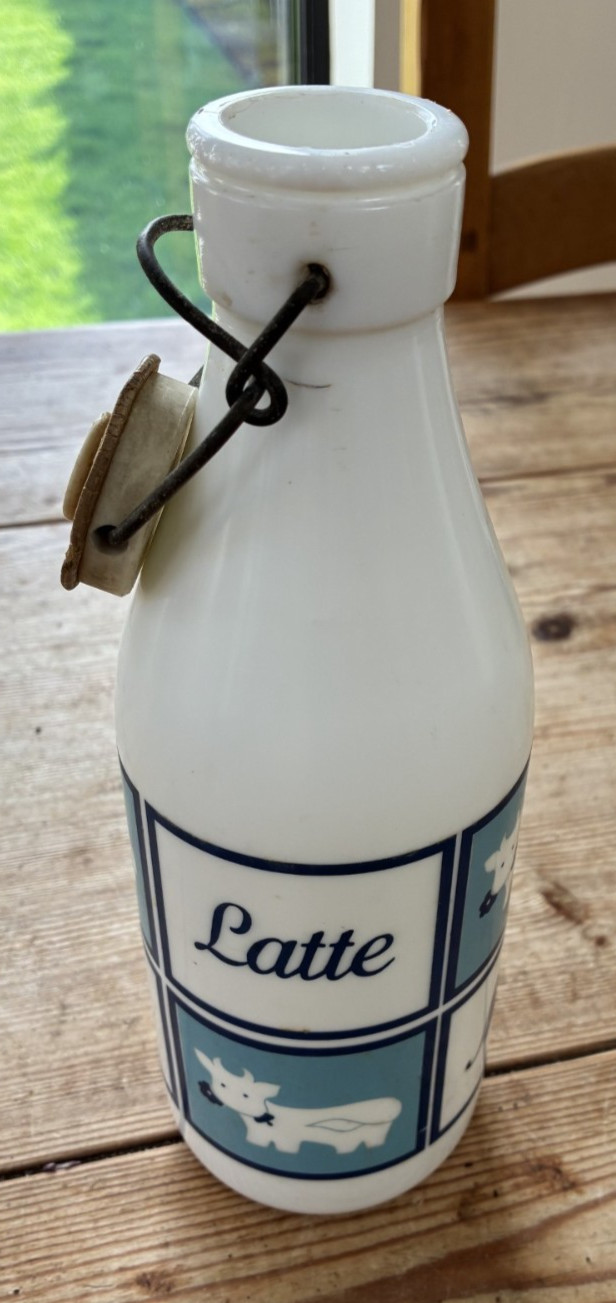 VINTAGE MILK LARGE GLASS BOTTLE 28cm TALL, swing top, Italian