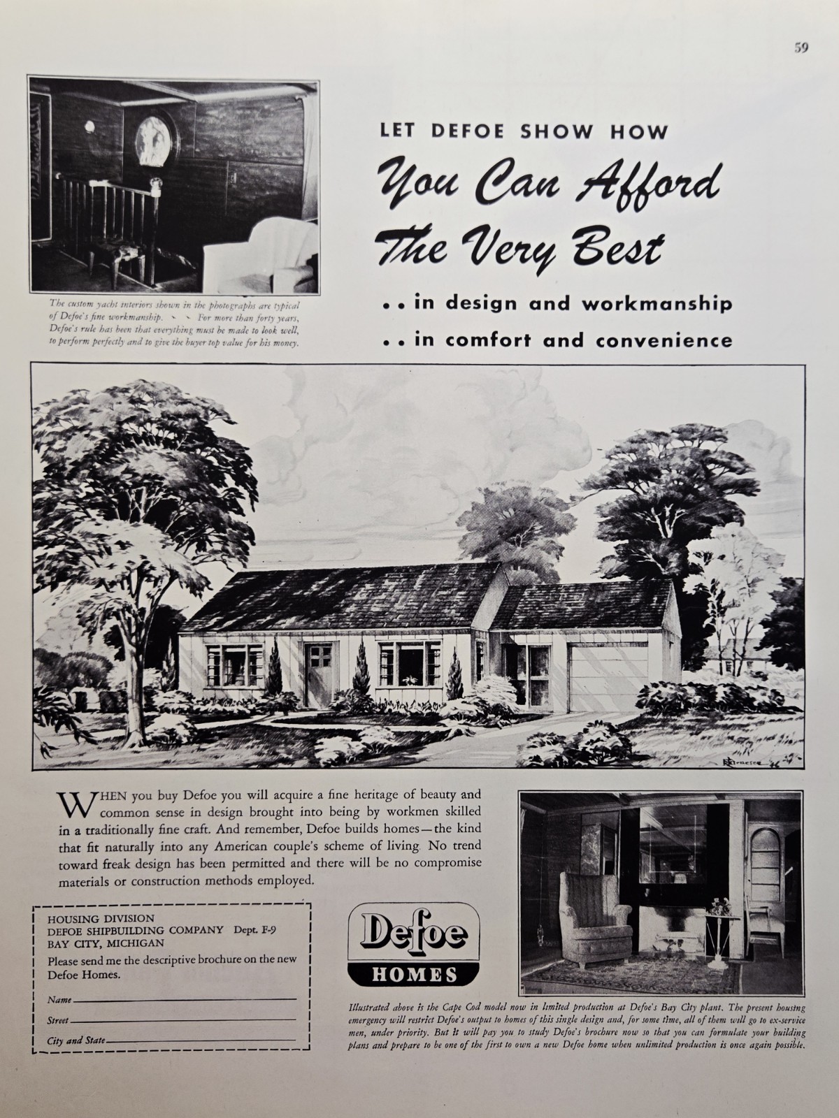 Defoe Homes Print Ad 1946 - Bay City MI No Trend Toward Freak Design - Cape Cod