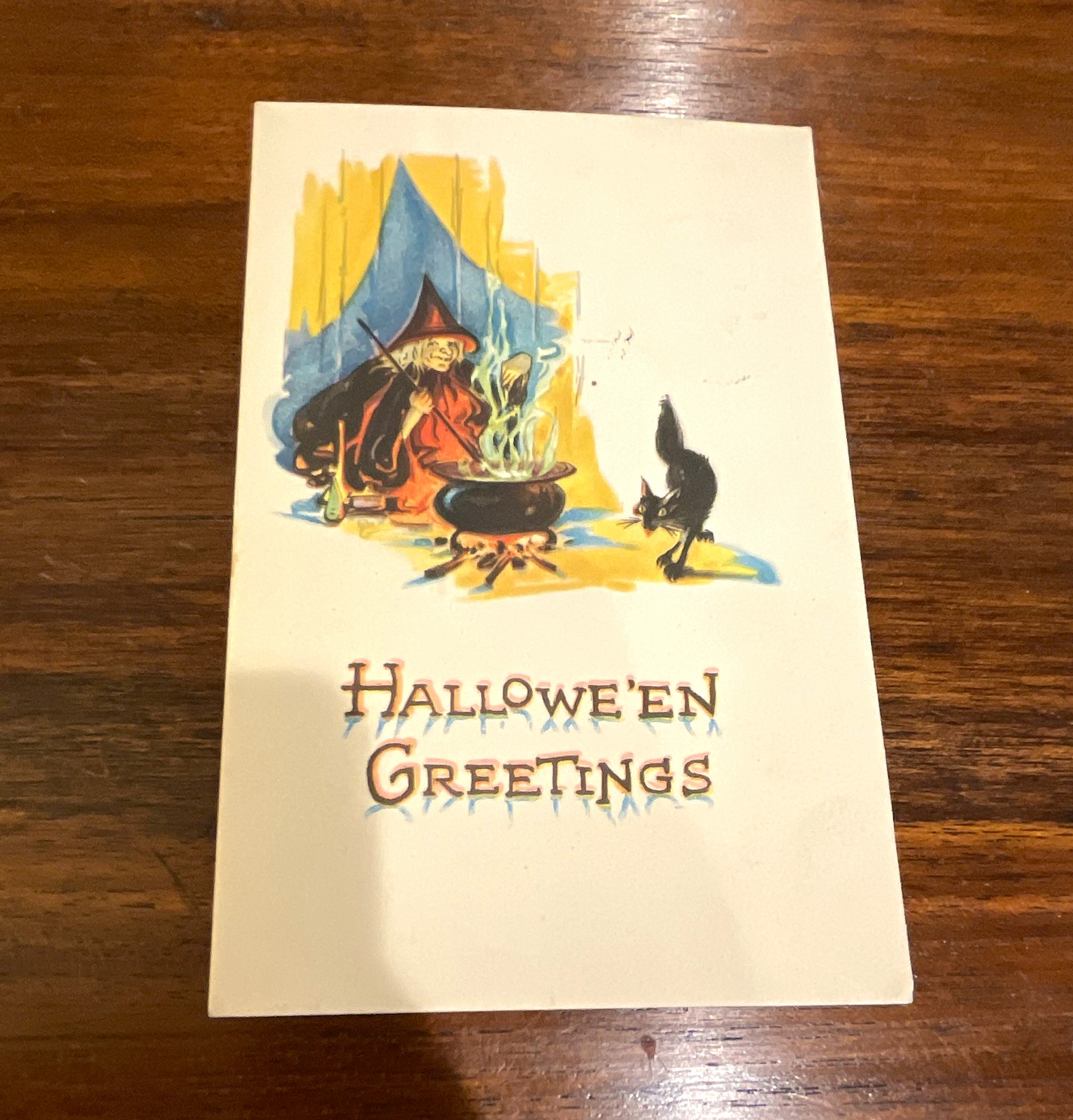 Gibson Halloween Greetings  Postcard Witch Black Cat Multicolor Halloween Cancel