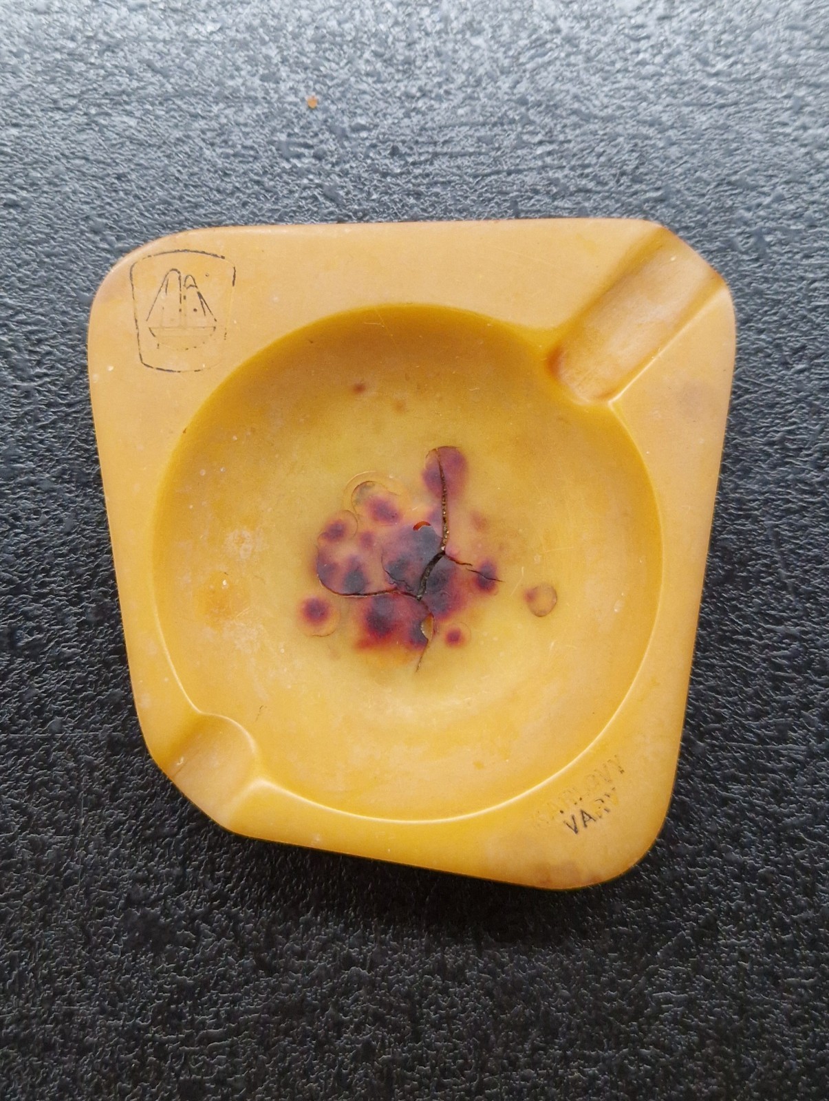 Vintage Sailboat Figurine Miniature Metal Boat on Amber Yellow Bakelite Stand 