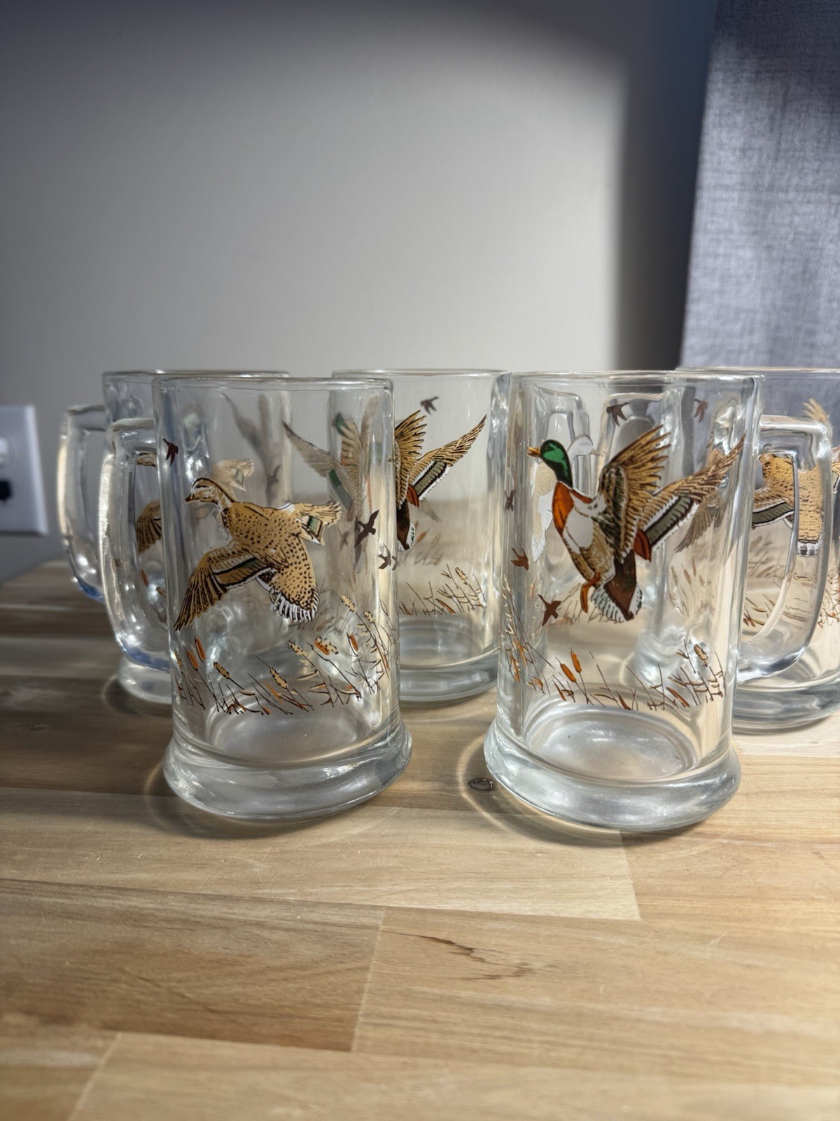 Lof of 5 VTG Libbey Clear Glass Beer Mugs Stein Ducks Mallards in Flight