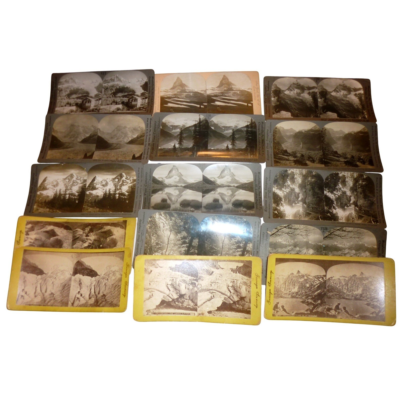 Lot of 15 Antique Stereoview Cards Keystone Swiss Alps Glaciers Lake Louise