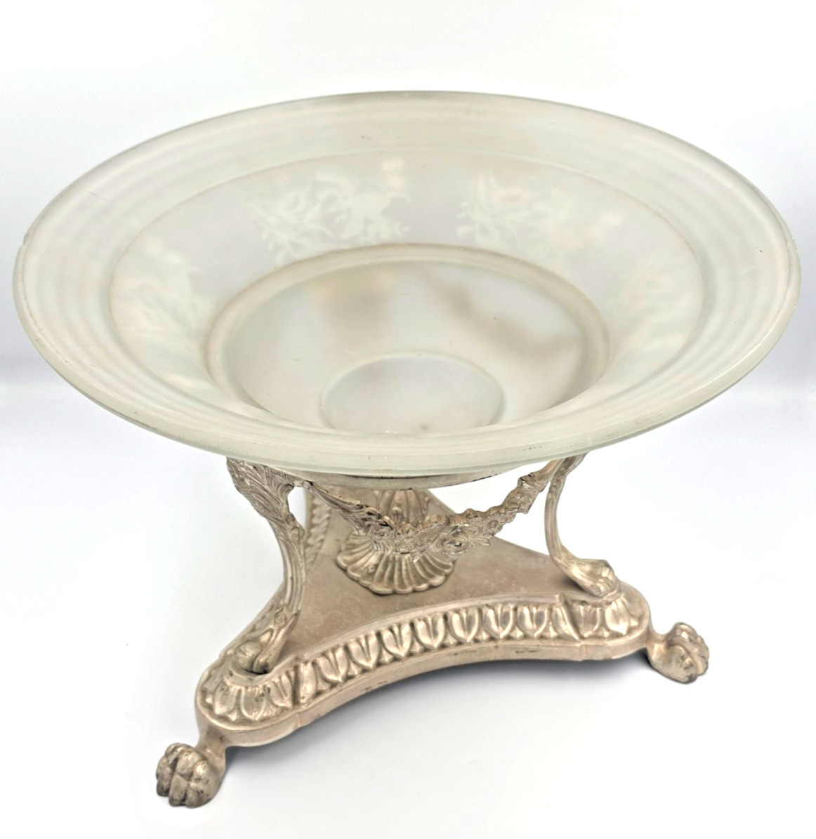 Vintage Elegant Footed Ornate Frosted Crystal Bowl Centerpiece